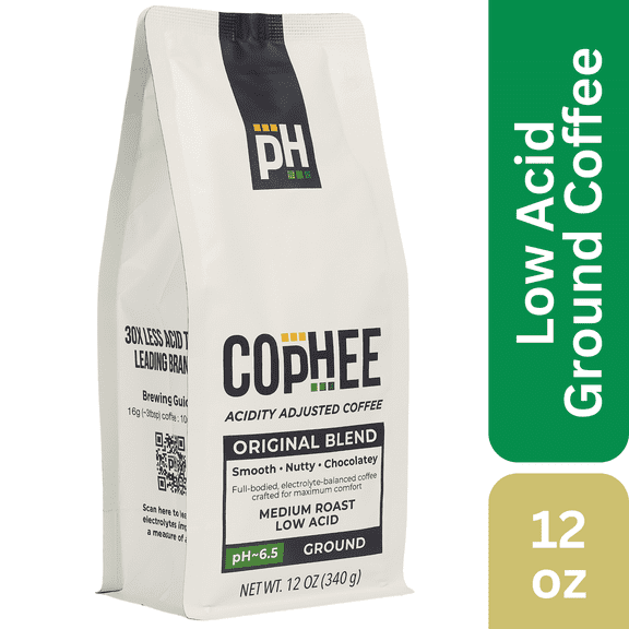 COpHEE - Ground - Low Acid Coffee for Reflux, Heartburn and Indigestion - 12 oz Medium Roast Arabica