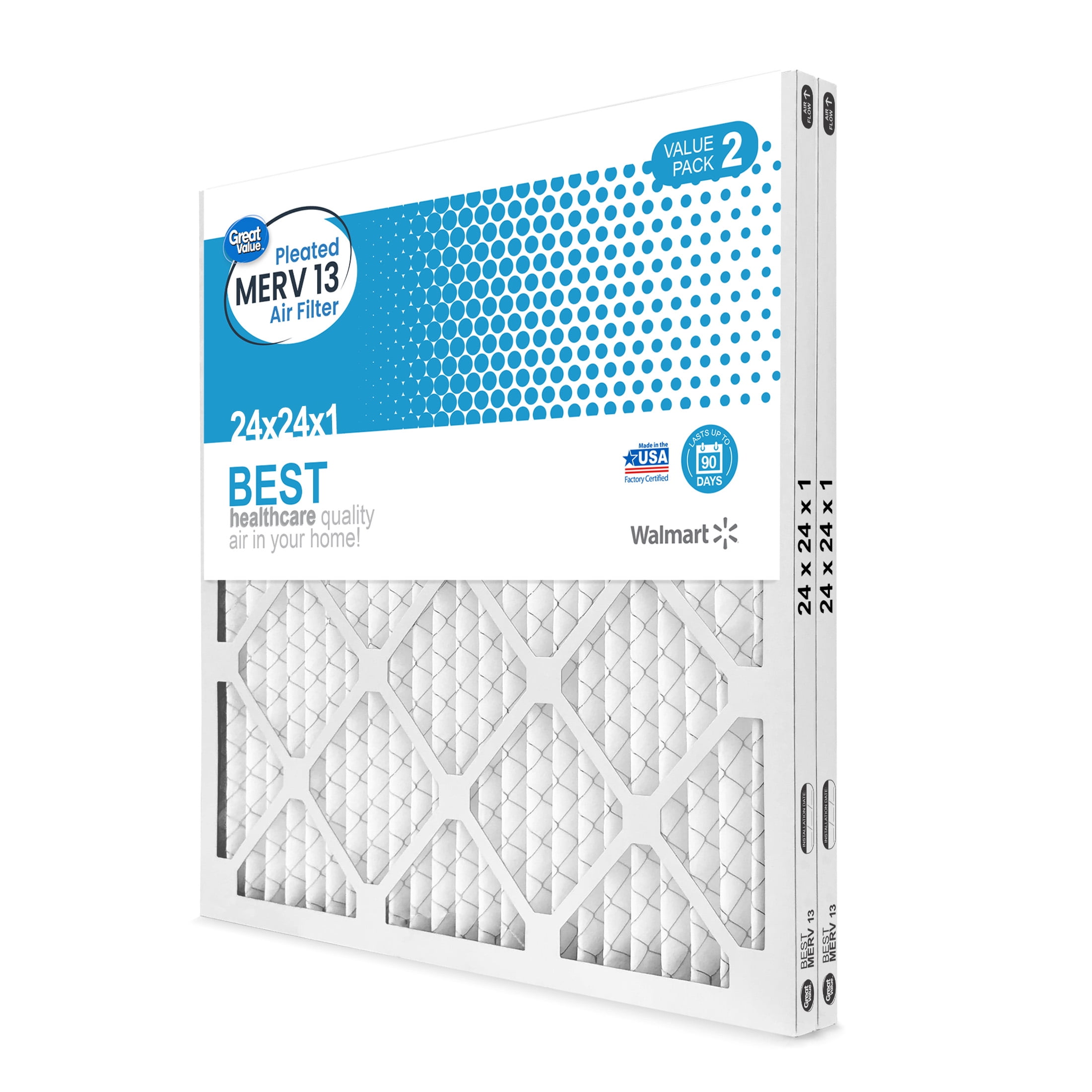 Great Value; 24x24x1; MERV 13 BEST HVAC Air and Furnace Filter; Improves Indoor Air Quality; 2 Filters