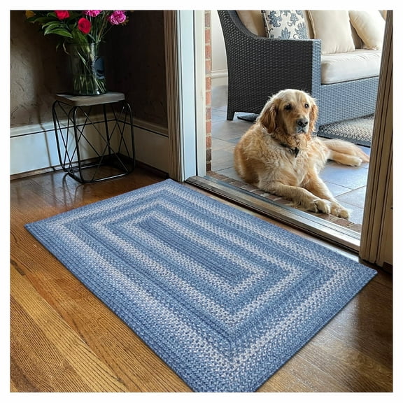 Homespice 2x3' Blue Braided Rug. Denim Blue and White Jute Rug. Uses- Entryway Rugs, Kitchen Rugs, Bathroom Rugs. Reversible, Rustic, Country, Primitive, Farmhouse