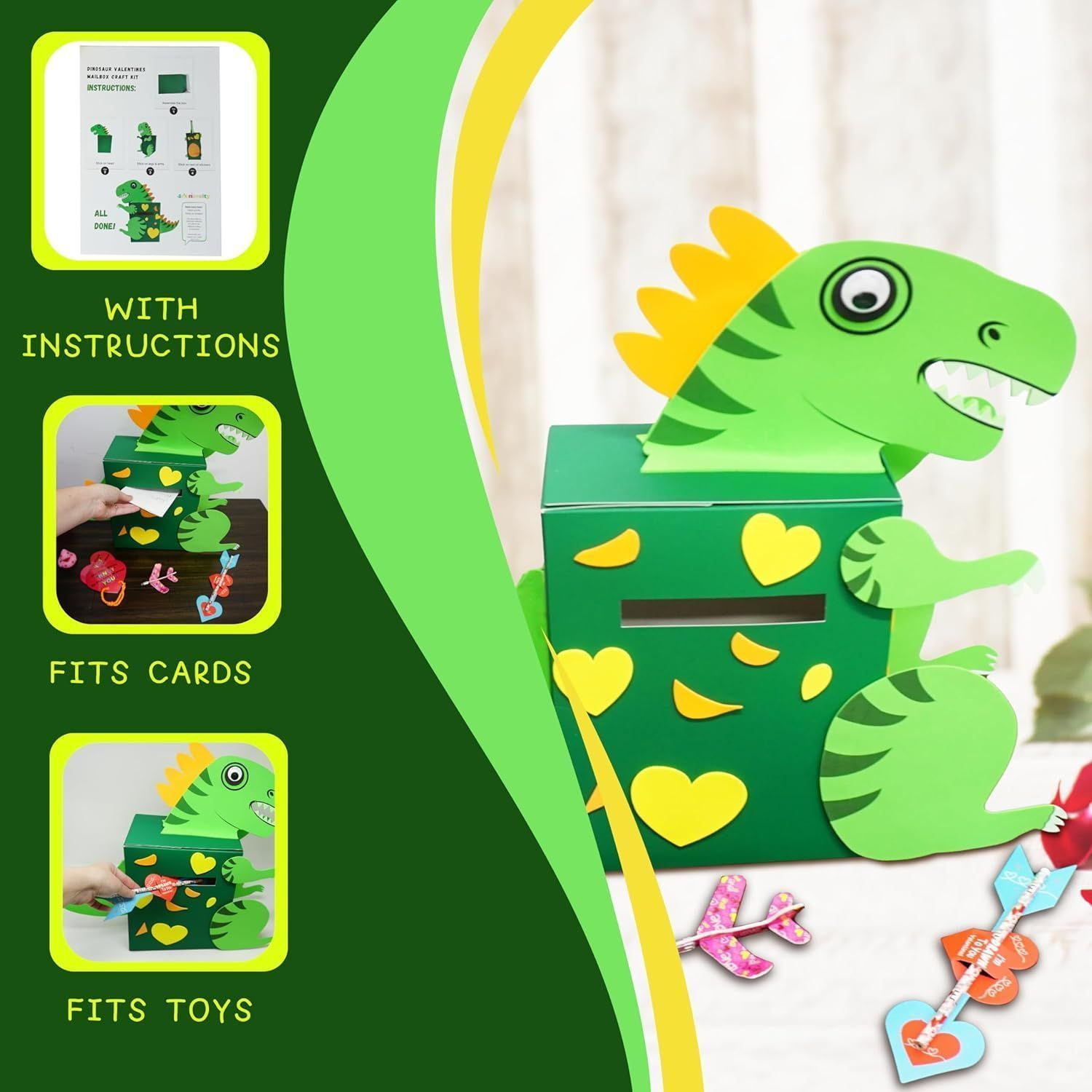 4E’s Novelty DIY Dinosaur Valentine Card Box Craft Kit Classroom Valentine Party Activity for Kids