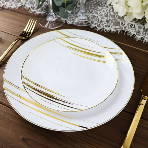 Efavormart 10 Pack | White & Gold Brush Stroked 7" Round Plastic Dessert Plates, Disposable Appetizer Salad Party Plates