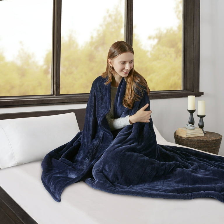 Beautyrest Heated Microlight to Berber Solid Blanket King Indigo