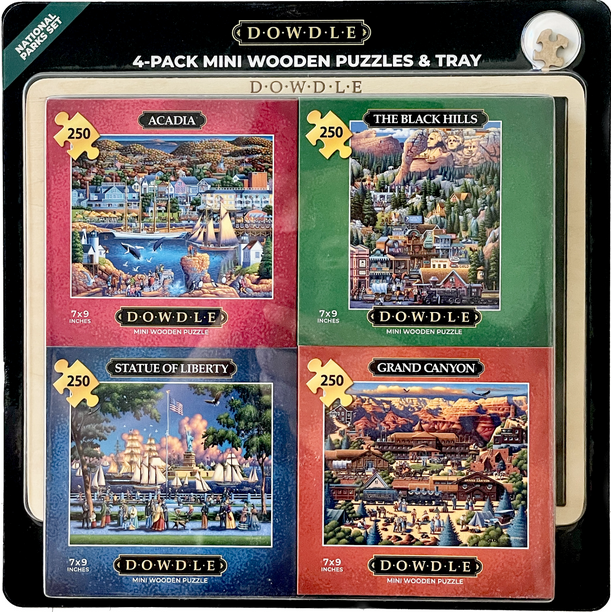 DOWDLE 4Pack Mini Wooden Puzzles & Tray National Parks Set, 250 Piece