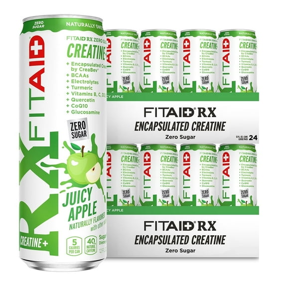LifeAid RX Zero Sugar Encapsulated Creatine Workout Recovery Drink, Juicy Apple 24 Can Pack, 12 Oz
