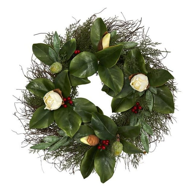 Nearly Natural W1036 20 in. Cedar, Ruscus & Magnolia with Berries Artificial Wreath