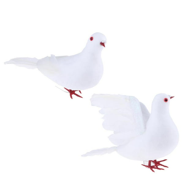 2 Pieces Realistic White Doves with Feathers Birds Animal Figurines For Home