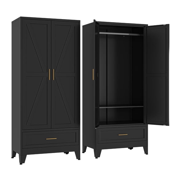 Large Bedroom Armoires With Shelves and Hanging Rod,Wardrobe Storage Cabinet,Metal Clothing Storage Cabinet with 2 Doors