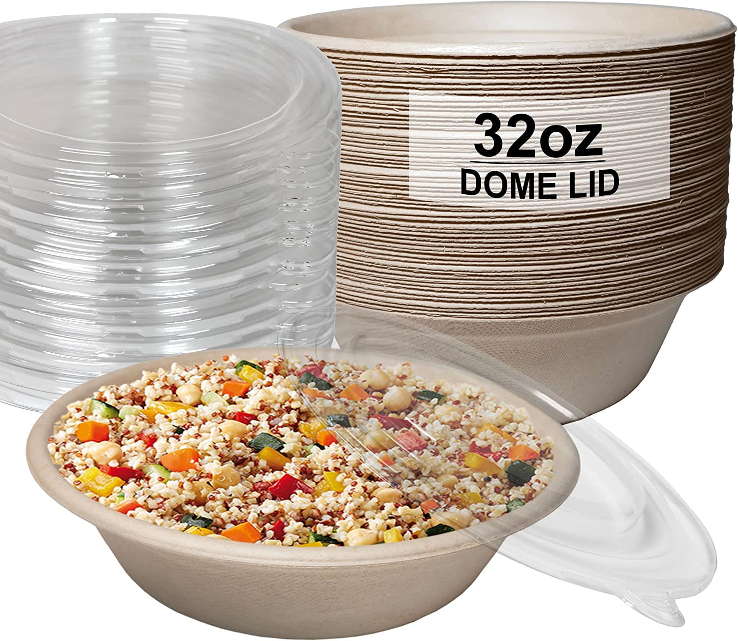 [500 Pack] 32 oz Round Disposable Compostable Paper Bowls with Dome Lids HeavyDuty, Eco