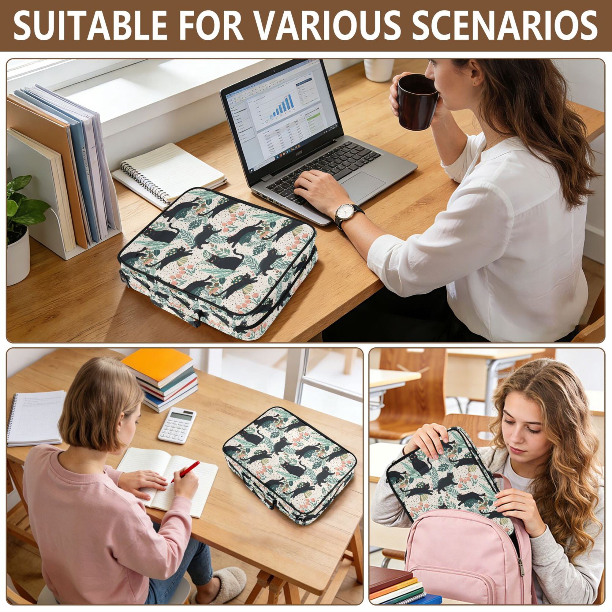 FORMRS Accordion File Folder A4 Size 7-Pocket Expanding Document Organizer Bag with 3 Ring Binder, Black Floral Cat Pattern