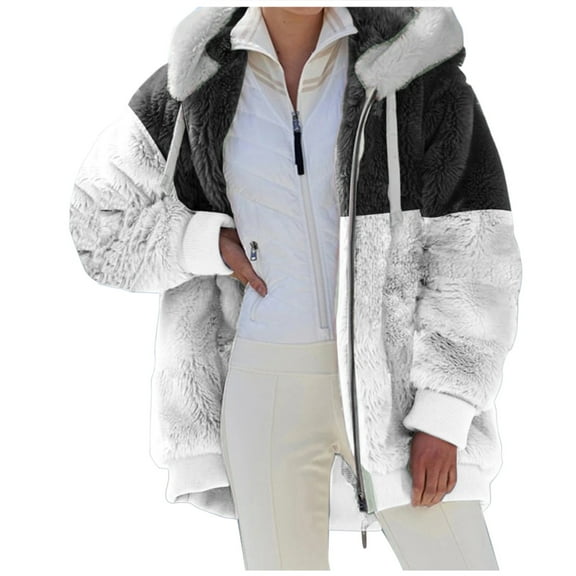 VISALY Womens Zip Up Hoodies Sweater Jacket Coat Stitching Three- Pocket Soft Hooded Pullover Sweatershirt Warm Artificial Wool Coat Outwear Casual Sweaters Fleece Hoodies Winter Sweaters Black L