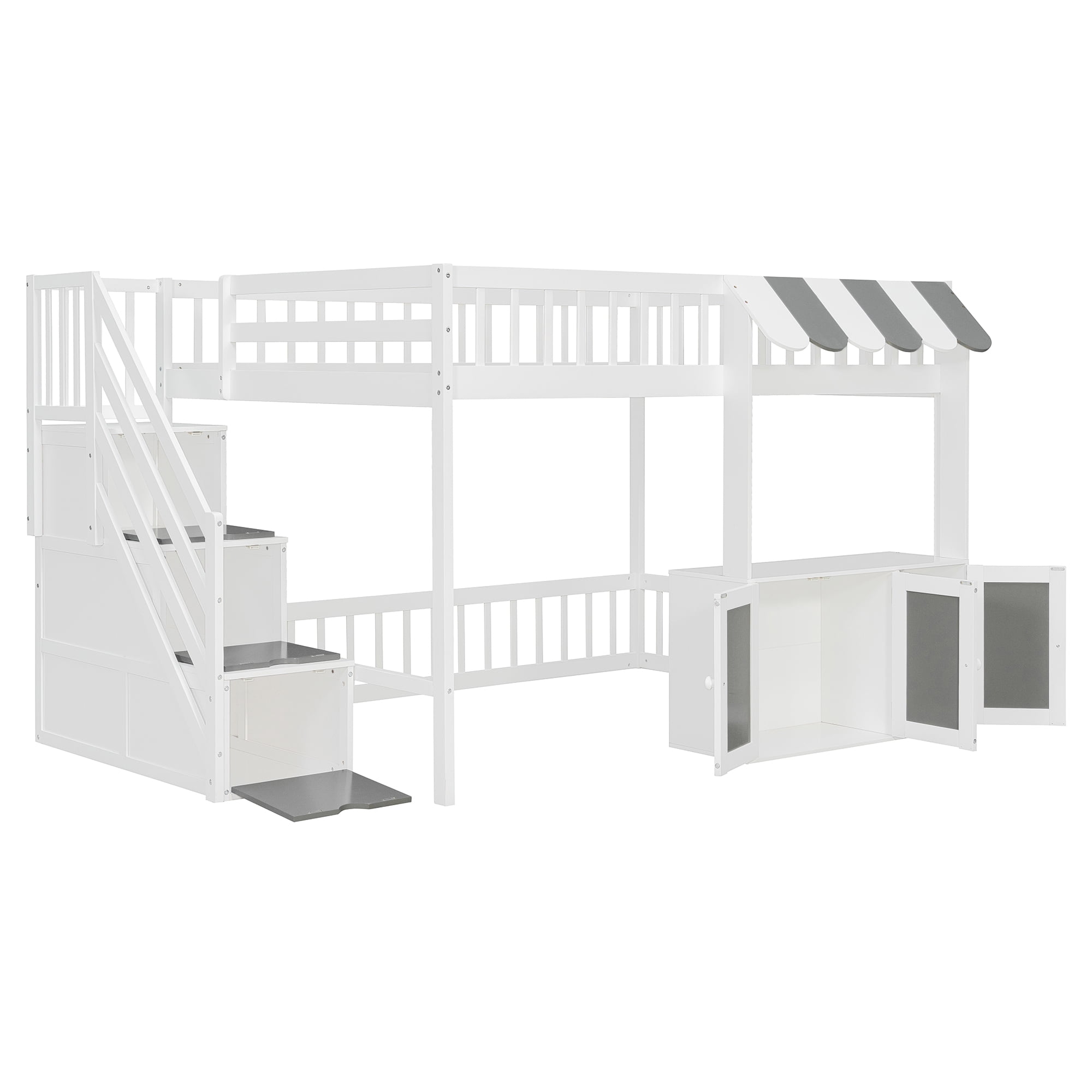 Mintazer Full Size Loft Bed with Play Storefront & LED Lights, Kids Loft Bed with Guardrail and Storage Staircase & Cabinet for Bedroom, White & Gray