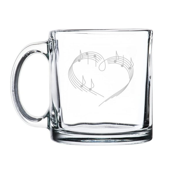 13 oz. Clear Glass Coffee Tea Warm Beverage Mug Cup Heart Love Music Notes