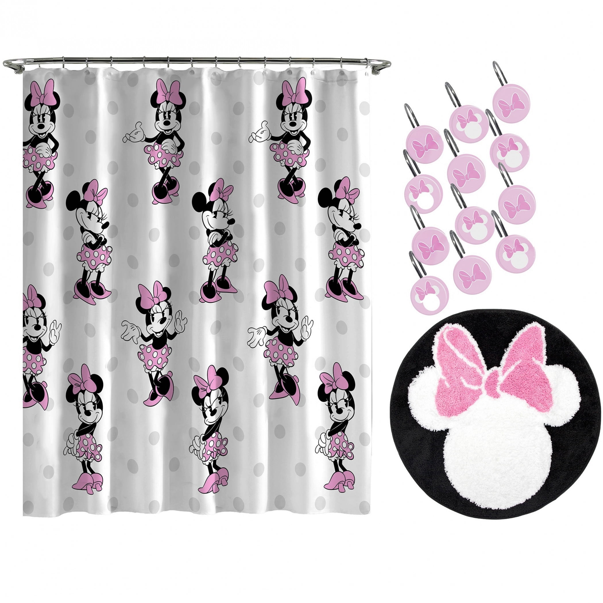 DISNEY Minnie Mouse Love Pink Bath Shower Curtain Hooks Set of 12 NEW 