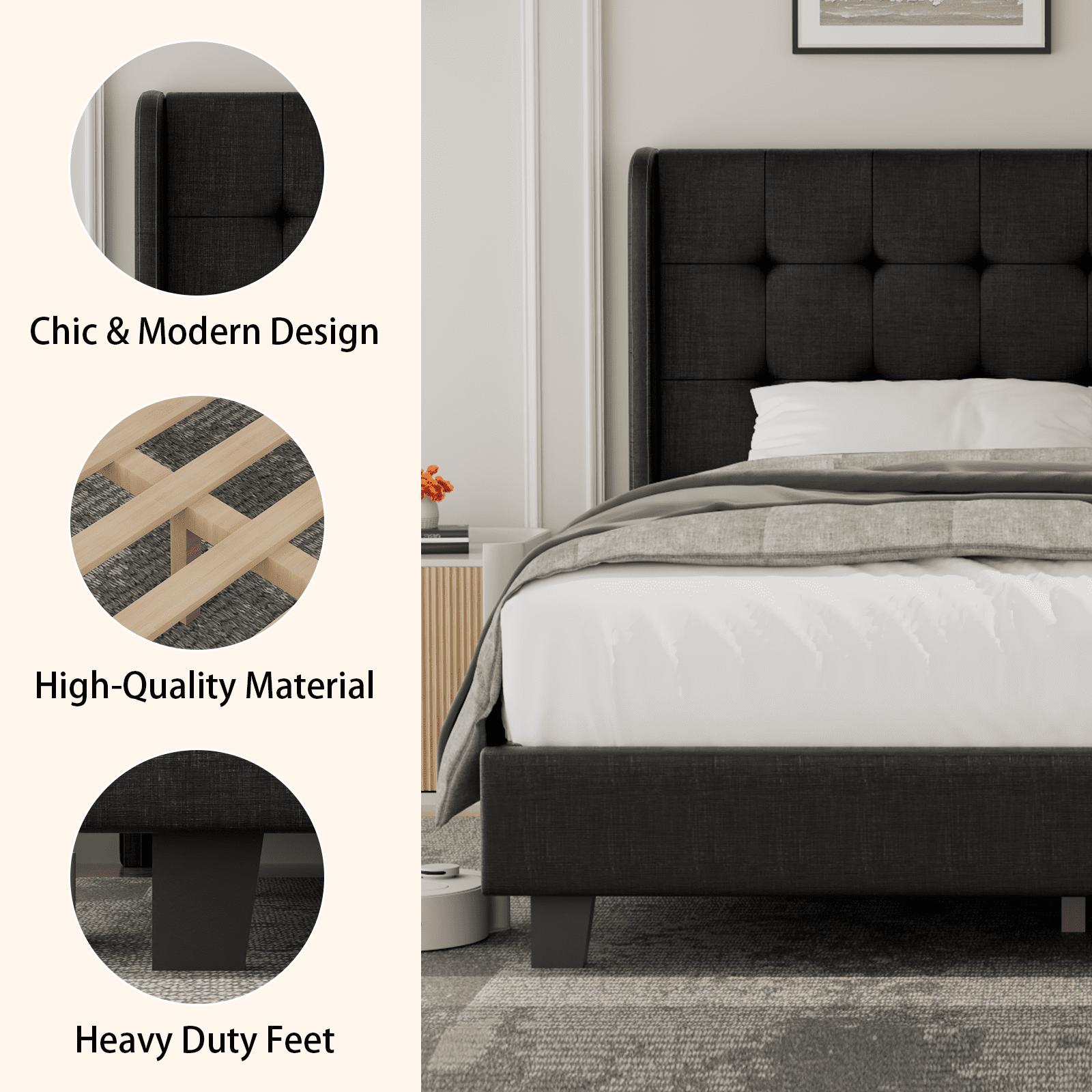 Nathaniel Home Cotton Linen Tufted Upholstered Bed, King Platform Bed Frame, Low Profile Platform Beds Strong Wooden Slats, Adult Black