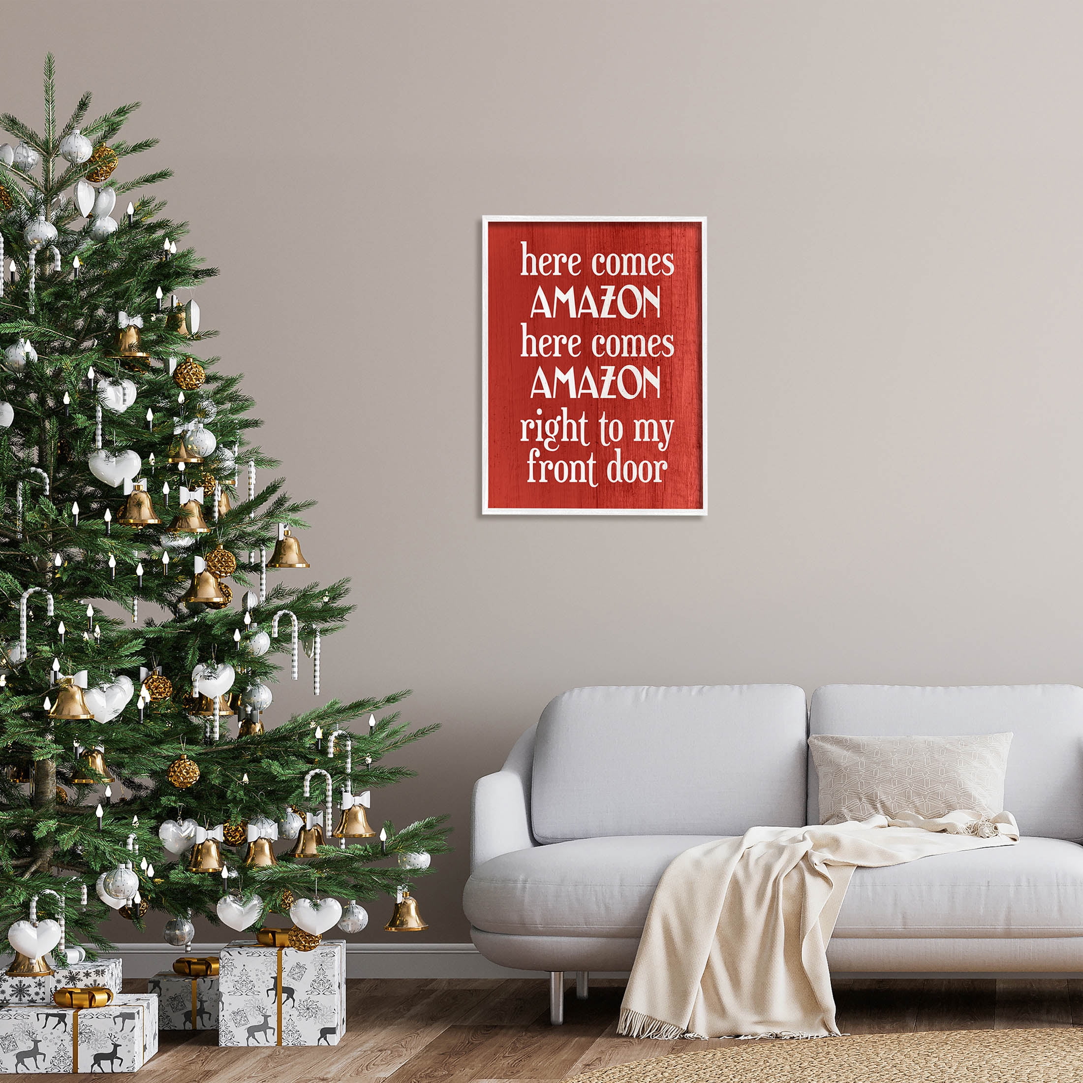 Stupell Industries Here Comes Amazon Funny Song Graphic Art White Framed Art Print Wall Art, Design by Lil' Rue