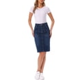 thumbnail image 2 of INSPIRE CHIC Denim Skirt for Women Casual High Waist Back Slit Stretch Knee Length Jean Skirts with Pockets M Dark Blue, 2 of 6