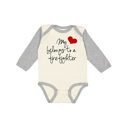 

Inktastic My Heart belongs firefighter Gift Baby Girl Long Sleeve Bodysuit