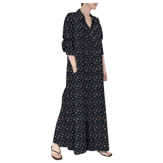 Wyzesi Robes Élégantes pour Femmes Décontractées Automne Robe Maxi Boho à Manches Longues en Coton Lin Imprimé Robe Chemise avec Col et Poches Coupe Décontractée Chic Pyjama de Noël Costume