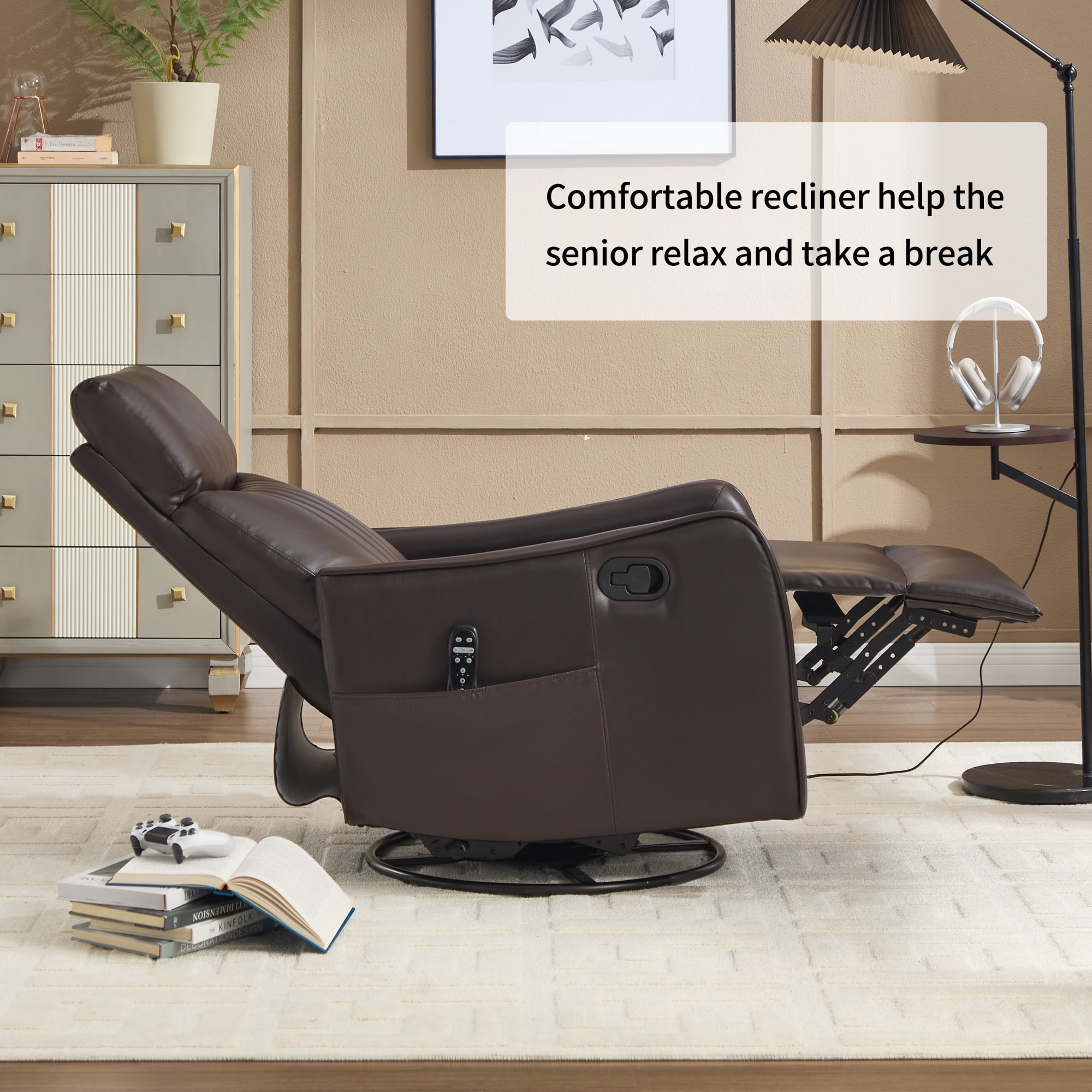 Leumius Manual Swivel Rocker Recliner Chair for Adults,Overstuffed Reclining Glider Chair with Vibration Massage & Heat,Upholstered Recliners with Side Pockets for Living Room,Dark Brown PU