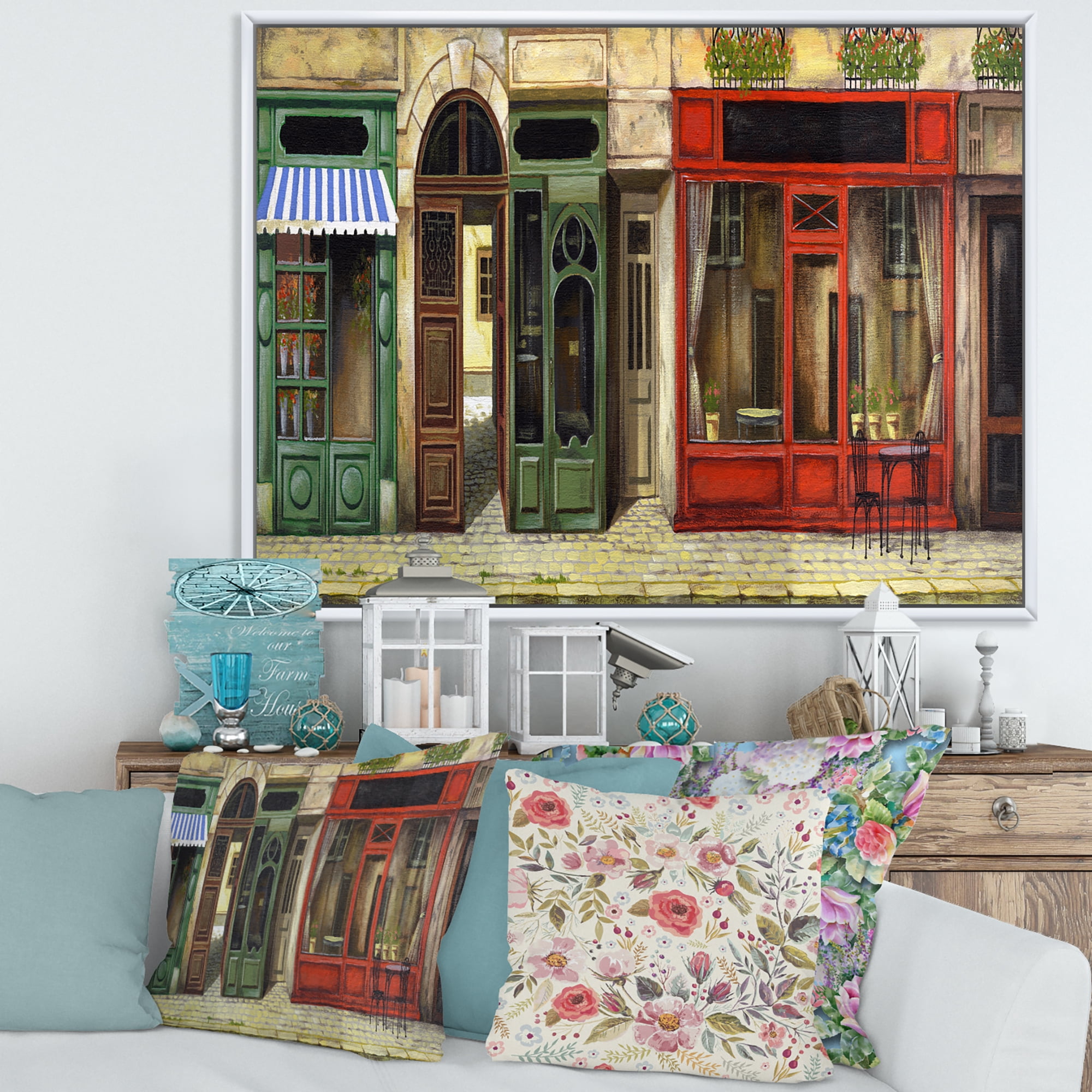 Designart 'Red Facade of Charming Shop In Paris Street II' French Country Framed Canvas Wall Art Print