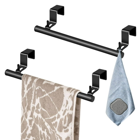 Cabinet Door Towel Holder, Over the Door Towel Rack, Stainless Steel Dish Towel Bar for Cupboard Kitchen Hand Towel Rack, 2 Pack (Black)