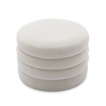 007-Velvet Fabric Storage Round Ottoman Footstool With Wooden Shelving,Ivory