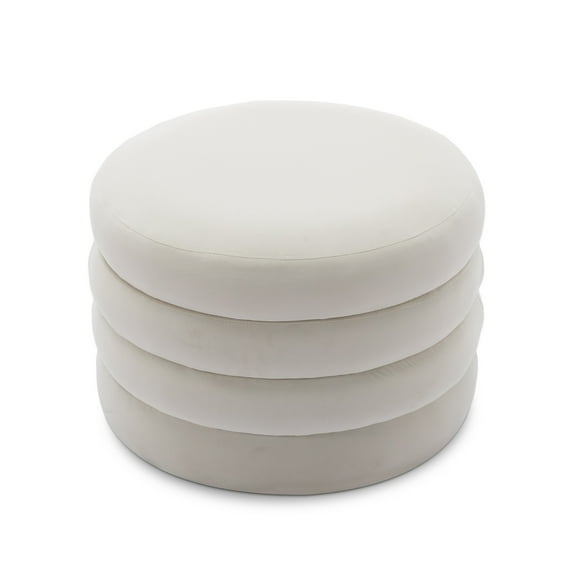 007-Velvet Fabric Storage Round Ottoman Footstool With Wooden Shelving,Ivory