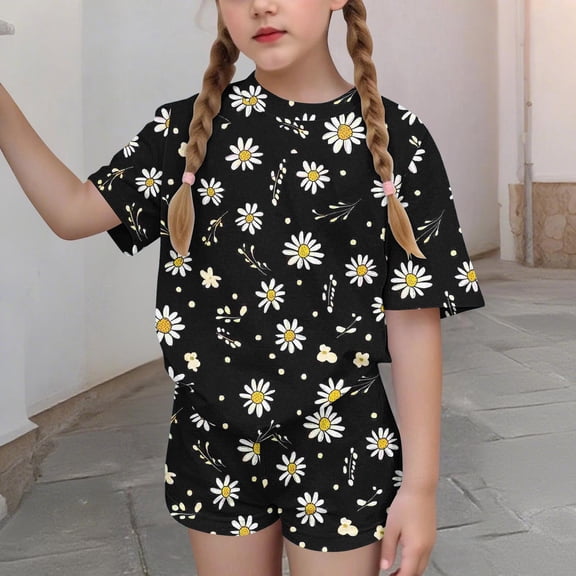 Cethrio Girls Summer Outfit Sets, Short Sleeve Soft 2 PC Casual Kids' Clothing Sets Multicolor Size 6