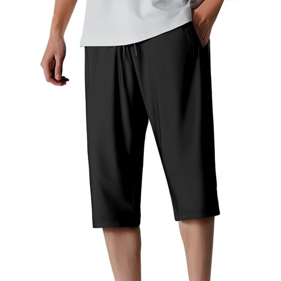 Men's Casual Pants Men's Ice Silk Casual Pants Summer Lightweight Stretch 3/ 4 Length Shorts Loose Fit Sports Trousers Plus Size Black 5XL