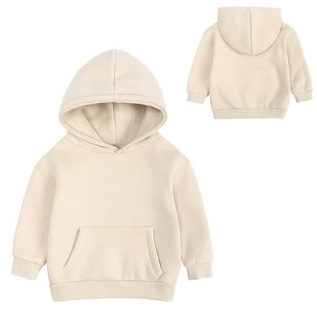 

Toddler Boys Hoodies Long Sleeve Pullover Hooded Solid Color Velvet Top Beige