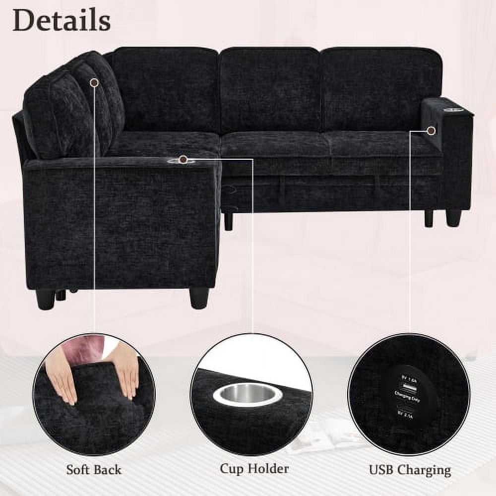 81" L-Shaped Sectional Sofa Bed with Pull Out Sleeper & Storage Seat, 5-Seat Convertible Couch with USB & Type-C Ports, Charcoal Grey
