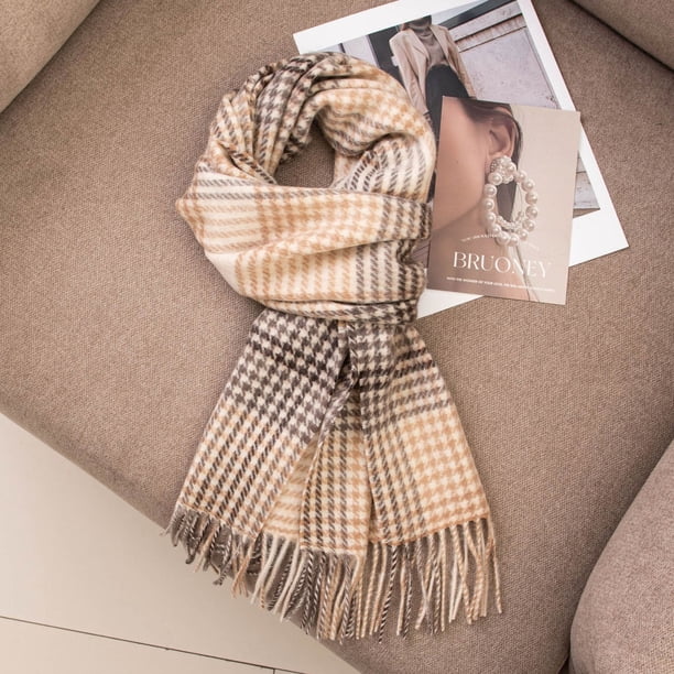 Zhuge Bufanda de lana para mujer, bufandas a cuadros de invierno, manta para mujer, borlas, cálidas, suaves, grandes, largas, estilo G, cuadrícula beige café