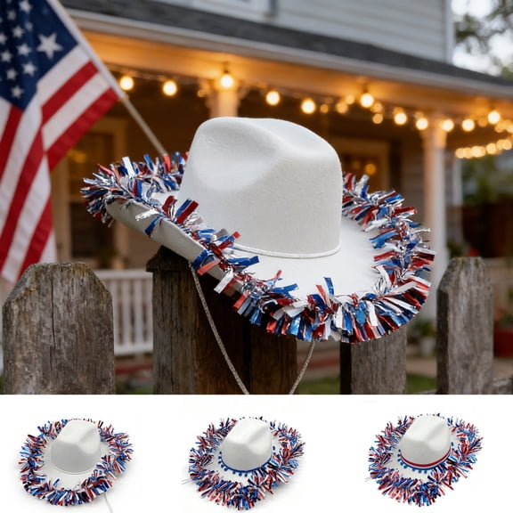 Independence Day Western Cowboy Hat with Rain Tassel Details, Festive Patriotic Party Prop Perfect for Fourth of July Celebrations, Holiday Dress up and Outdoor Festival Events, 16*12in, C
