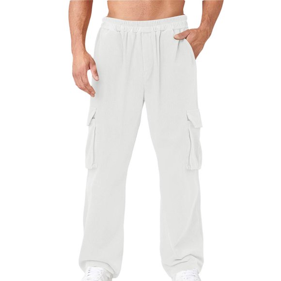 Men's Cargo Pants Casual Elastic Waist Drawstring Straight Work Pants Comfortable Hiking Outdoor Trousers with Multi Pockets White XL
