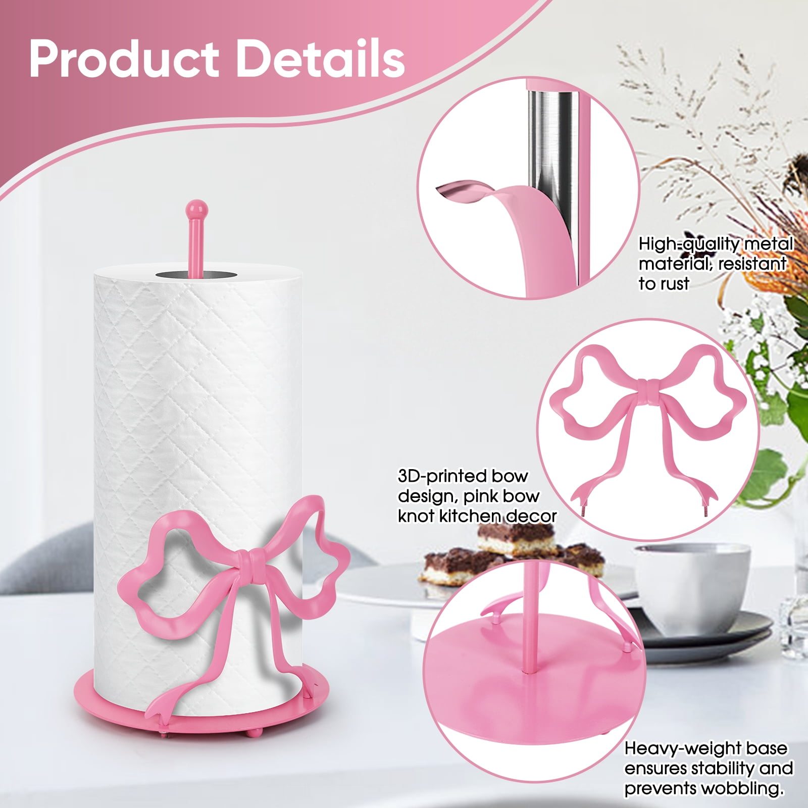 Wanchiy Pink Bow Paper Towel Holder, Countertop Paper Towel Rack for Bathroom, Dining Table & Home Décor,Decorative Kitchen Tissue Stand,Housewarming Gift
