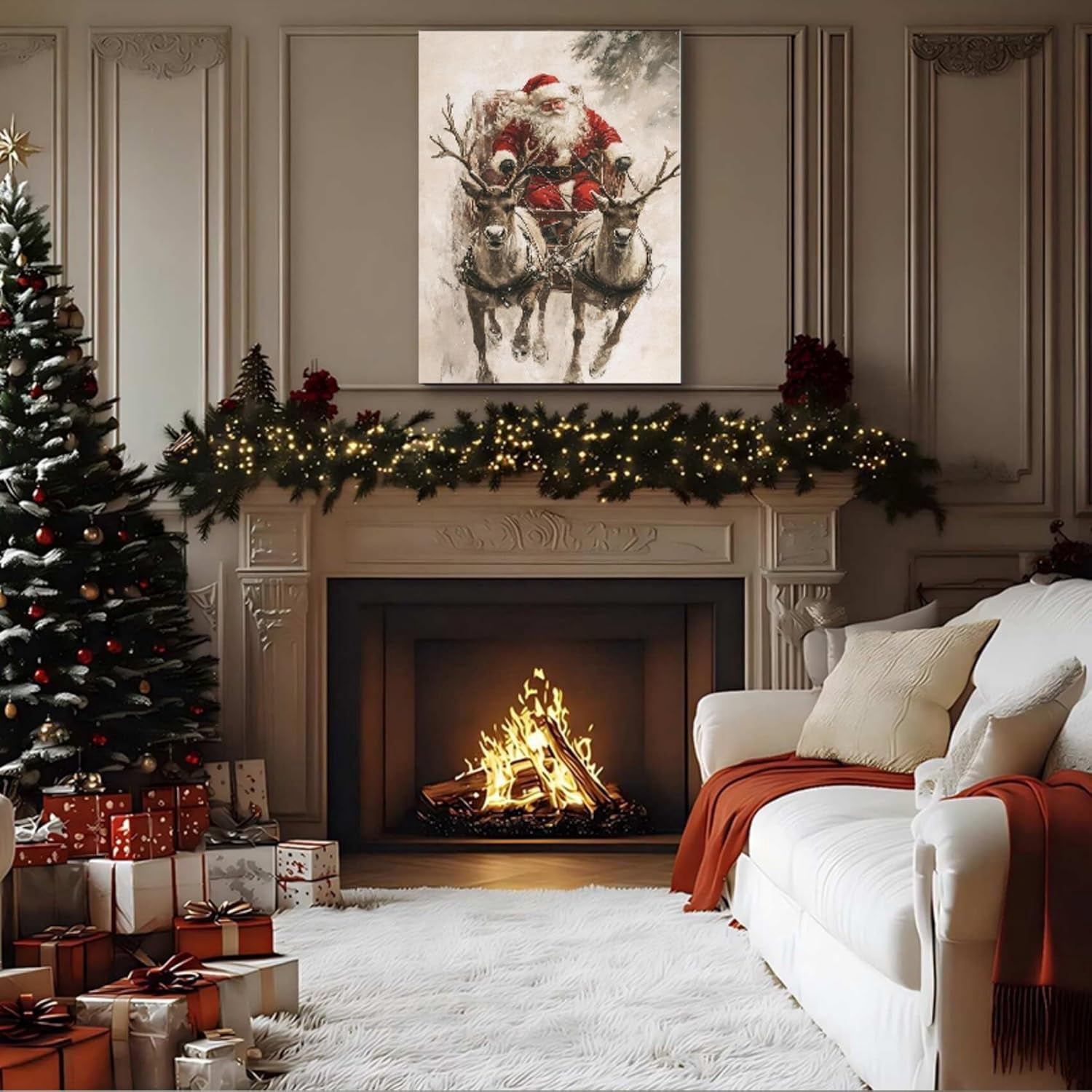 Vintage Santa in Sleigh with Reindeer Canvas Art, Framed Classic Christmas Wall Art for Holiday Decor, Cozy Winter Snow Scene Nature Wall Decor for Living Room Kitchen Office