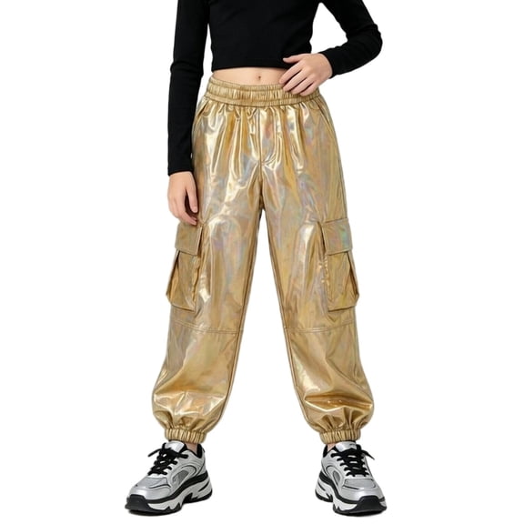 Squevariel Cargo Pants for Boys and Girls Shiny Metallic Trousers Elastic High Waist Jogger Pants with Pockets 6Y-13Y
