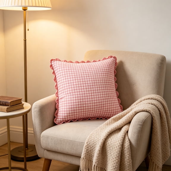 Pink Gingham Scalloped Edge Throw Pillow Cover, 2 Shape Optional Square & Lumbar Plaid Cushion Case, Farmhouse Decorative Pillowcase for Sofa Bed Couch Living Room Home Decor, Pink1