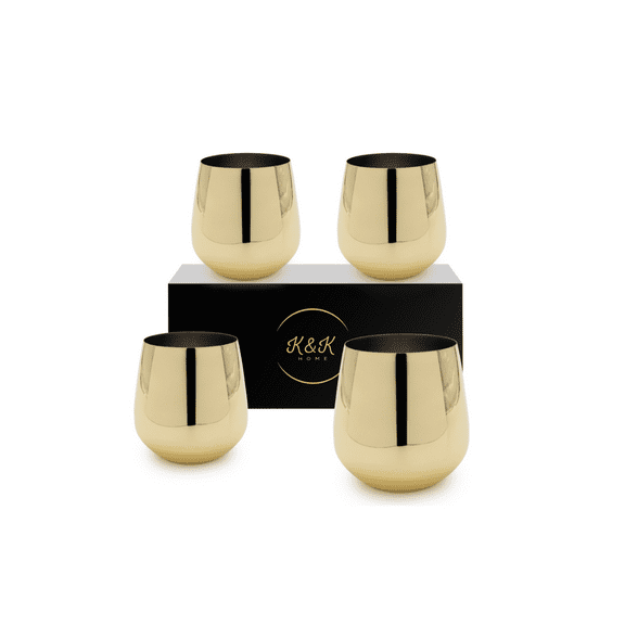 K&K Home Gold Stainless Steel Unbreakable Gold Stemless Wine Glasses - 15 oz - Set of 4 Colored, Stemless Metal Wine Glasses Perfect for Outdoors, Weddings, and Parties