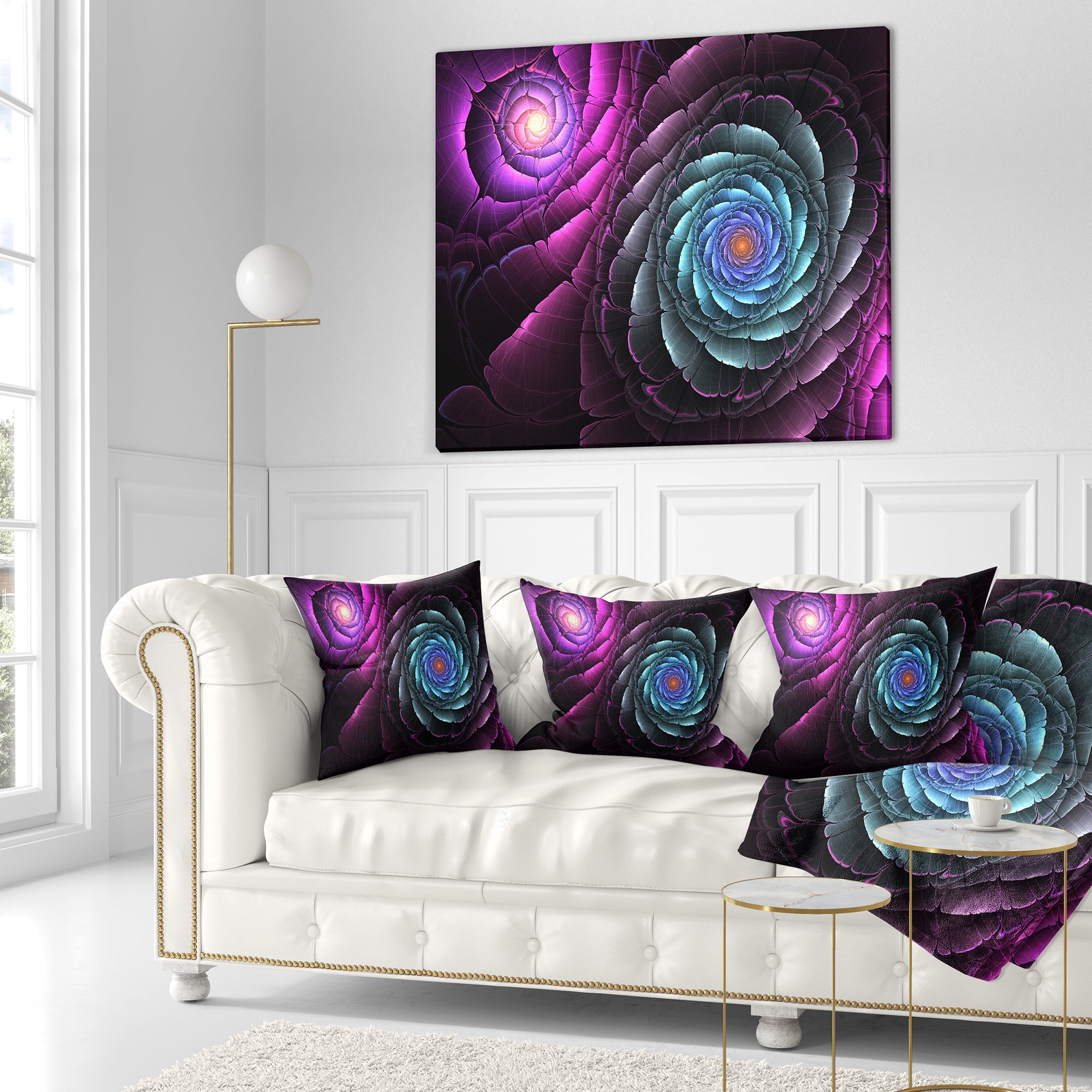 Designart Fractal Blue Purple Flower Digital Art - Floral Throw Pillow - 18x18