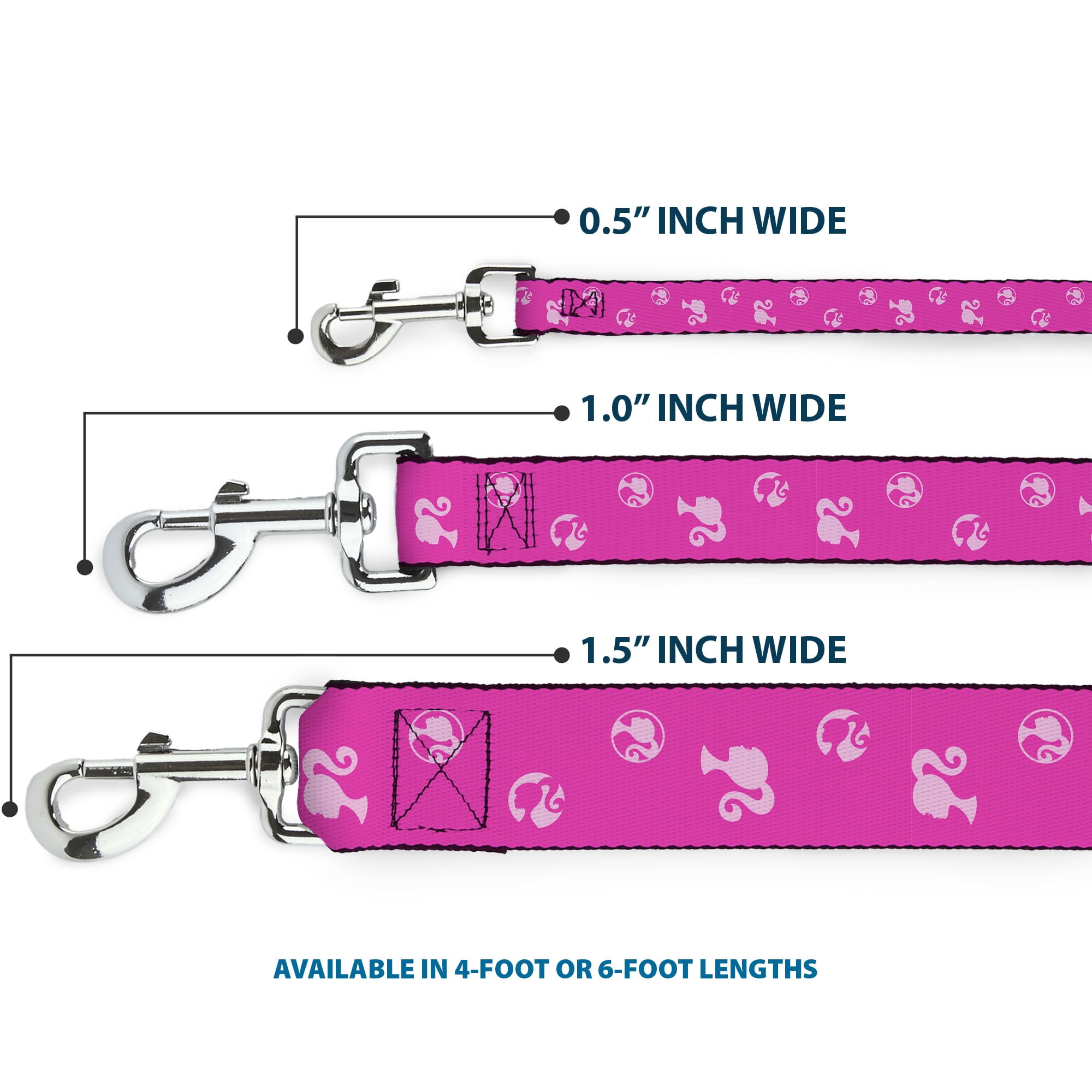 Mattel Pet Leash, Dog Leash, Barbie Ponytail Silhouette Icon Scattered Pinks, 6 Feet Long 1.0 Inch Wide