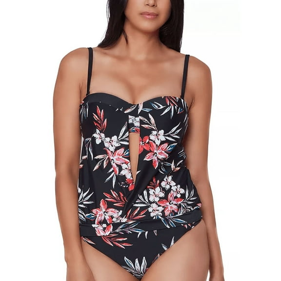 Bar III Women's Floral Print Tankini Top Swimsuit Black Size Large