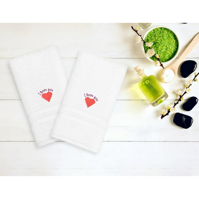 Linum Home Textiles Pink Heart I Love You Embroidered White Hand Towels - Set of 2