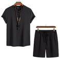 thumbnail image 2 of Summer Savings Clearance! Stamzod Plus Size Short Sets For Men 2 Piece Solid Button Down Short Sleeve Shirt Drawstring Pants Sets Cotton Comfy Holiday Causal Outfits, 2 of 3