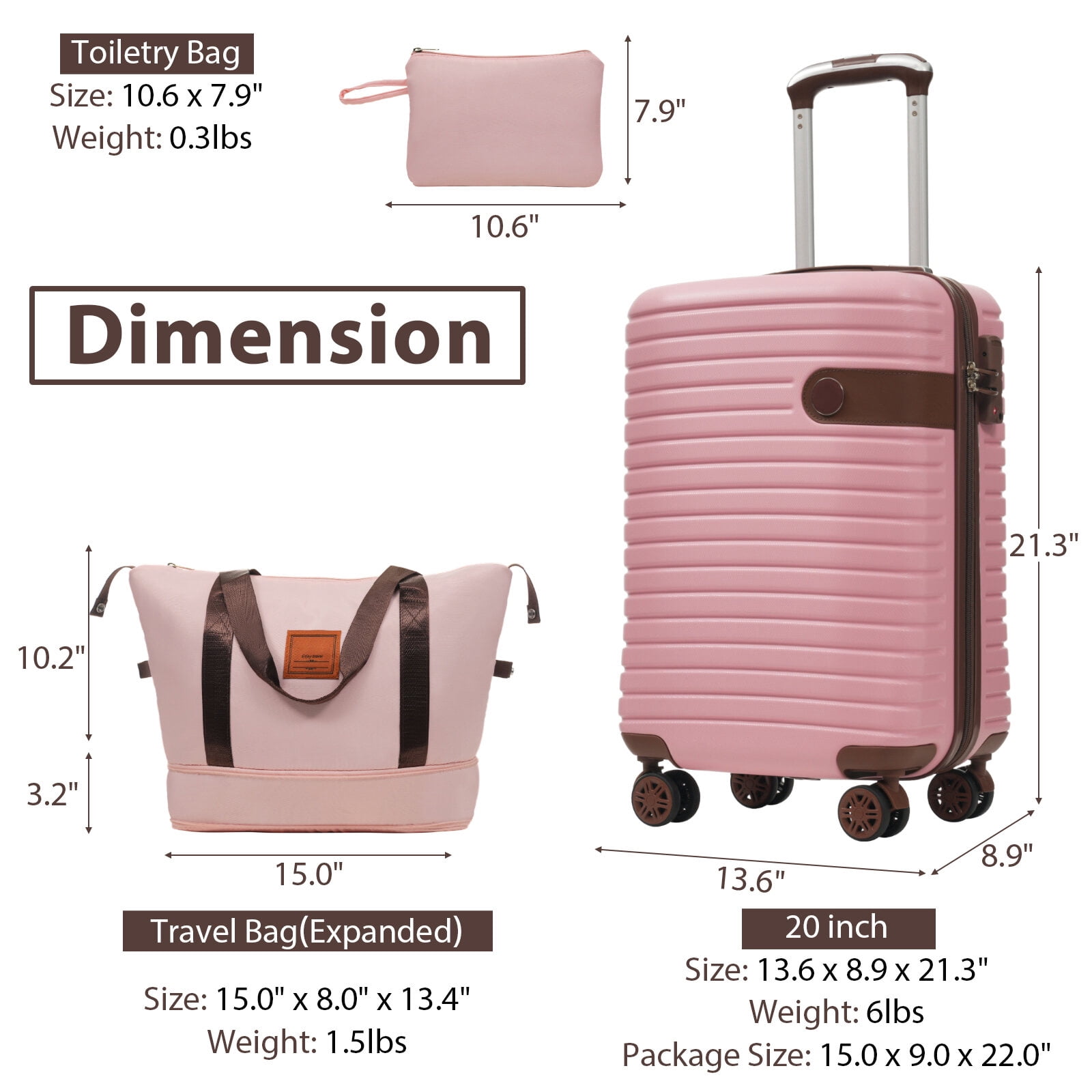 Hard Shell Luggage Luggage Sets 3 Piece Carry on Luggage 22x14x9 Airline Approved, Lightweight Hardshell ABS Suitcases with Wheels, 20 inch, Pink,Carry On Hard Shell Luggage