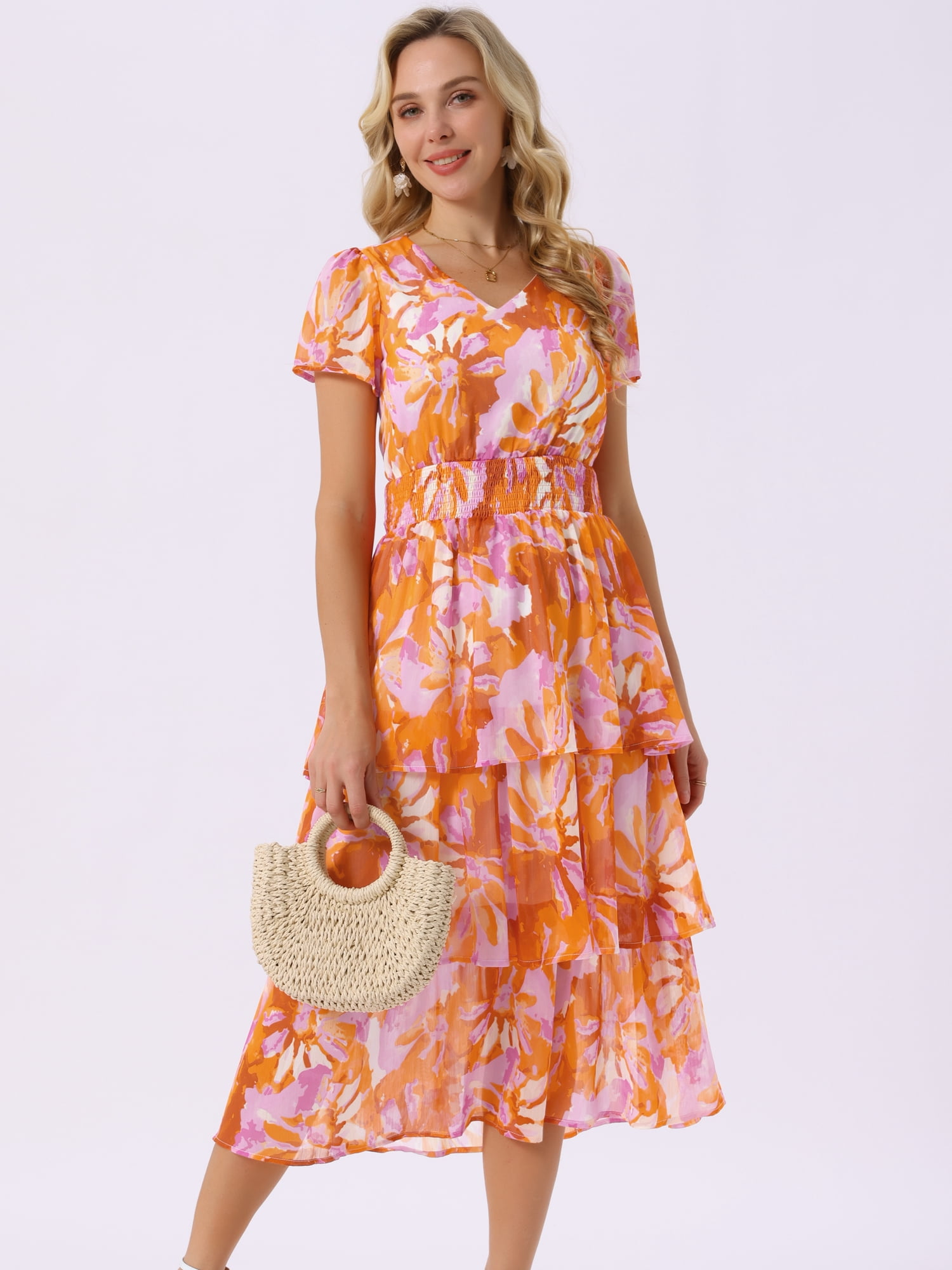 DARING DIVA Floral V Neck Short Sleeve Ruffle Tiered Midi Dress M Orange