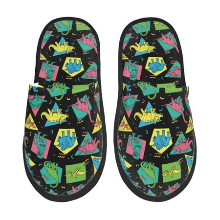 Balery Geometric Dinosaur Slient Indoor Furry Fleece Comfort House Shoes Soft Non-Slip Home Shoes Cotton slippers House Slippers-- Large