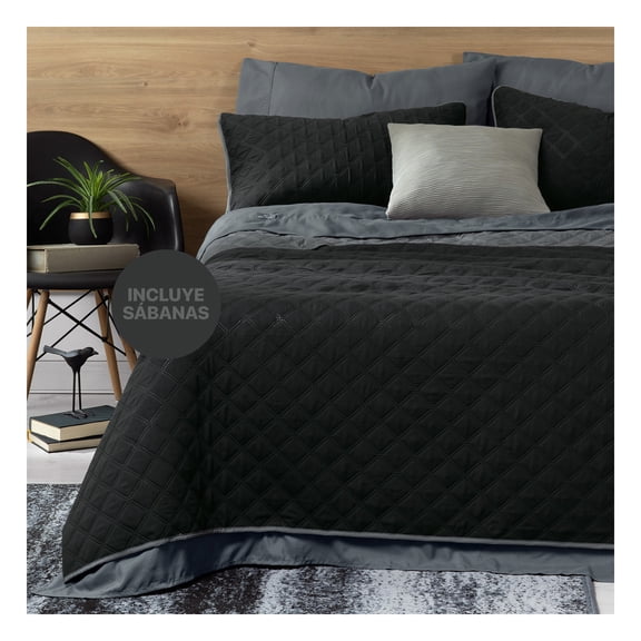 Set de Edredón Ligero Doble Vista con Sábanas y Fundas Real Textil (Negro/Gris, Matrimonial)