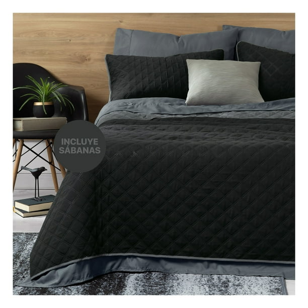 Set de Edredón Ligero Doble Vista con Sábanas y Fundas Real Textil (Negro/Gris, Matrimonial)
