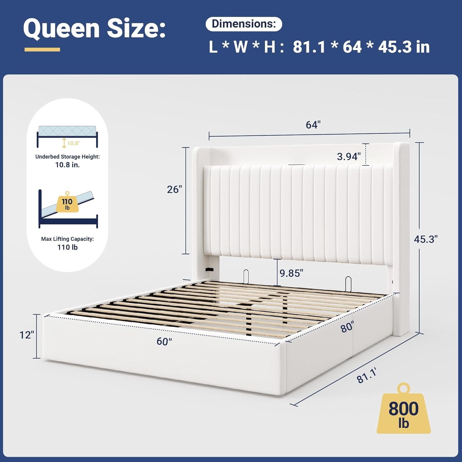 Allewie Queen Size Lift Up Storage Bed Frame, Storage Shelf Headboard with Charging Station, Type-C and USB Ports, Hydraulic Support, Velvet Upholstered Bed Frame, No Box Spring Needed, White